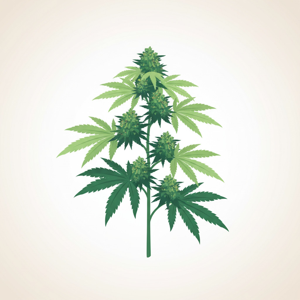 Clean vector illustration of a cannabis plant with leaf clusters and resinous buds, soft neutral background