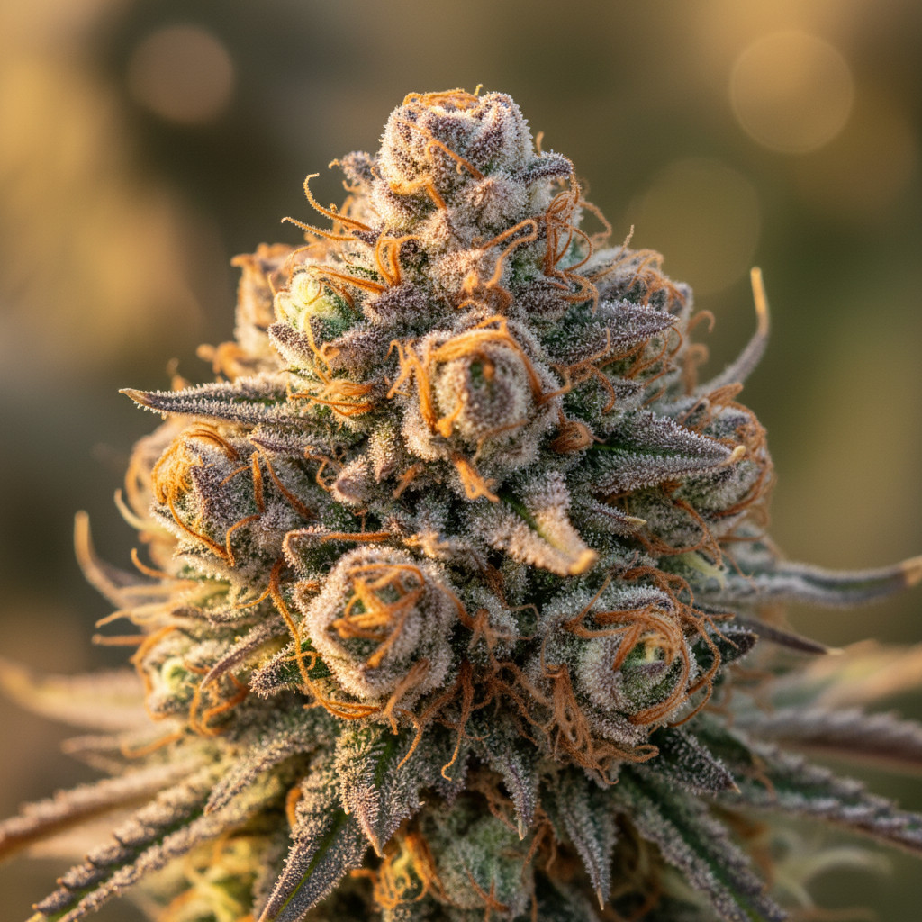 Close-up of a single dense Hash Burger cola showing frosty trichomes, amber pistils, and subtle purple leaf hues against a soft bokeh background.