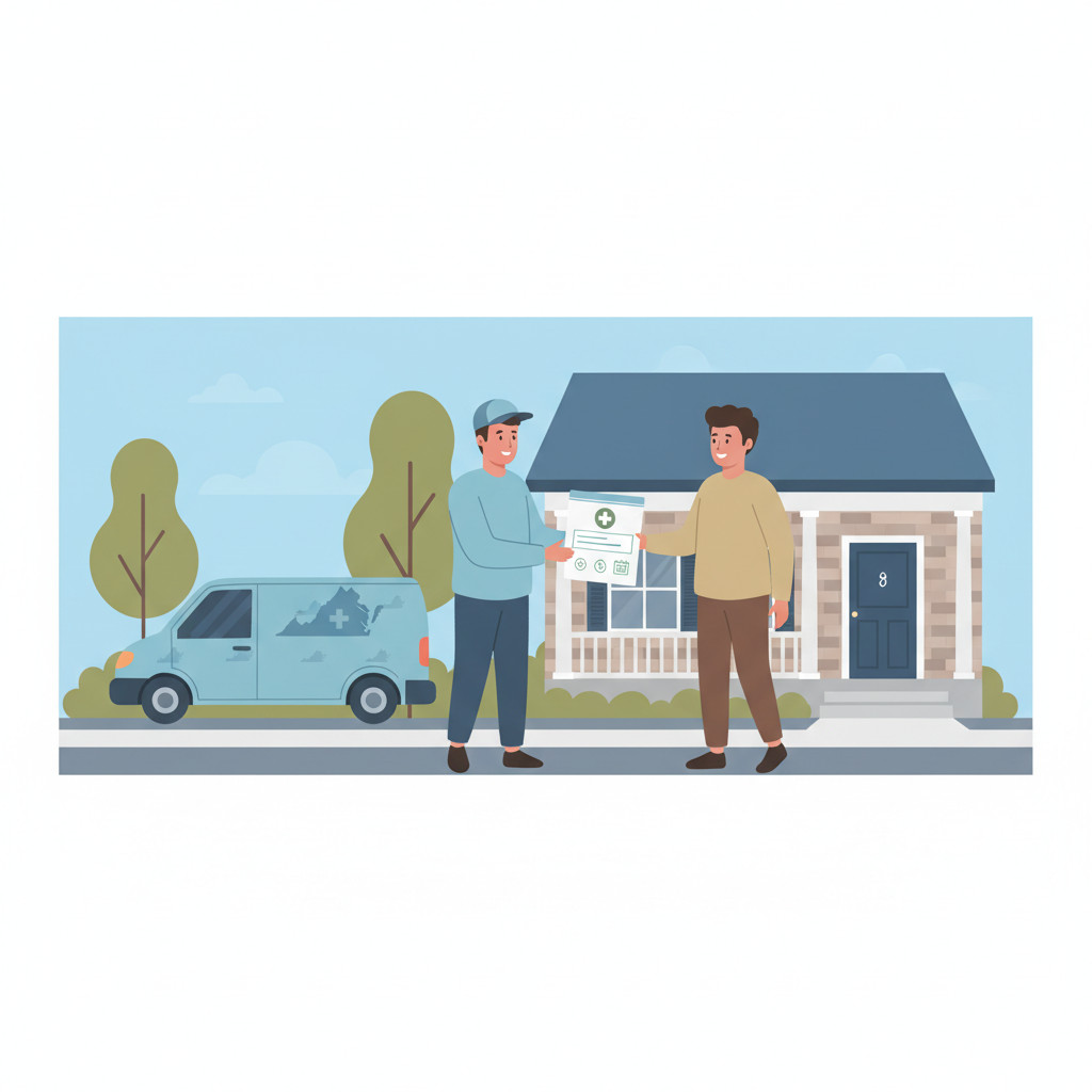 Illustration of a delivery courier handing a sealed medical package with a blank label area to an adult patient at a Virginia-style home entry; a delivery van with a subtle Virginia outline sits nearby