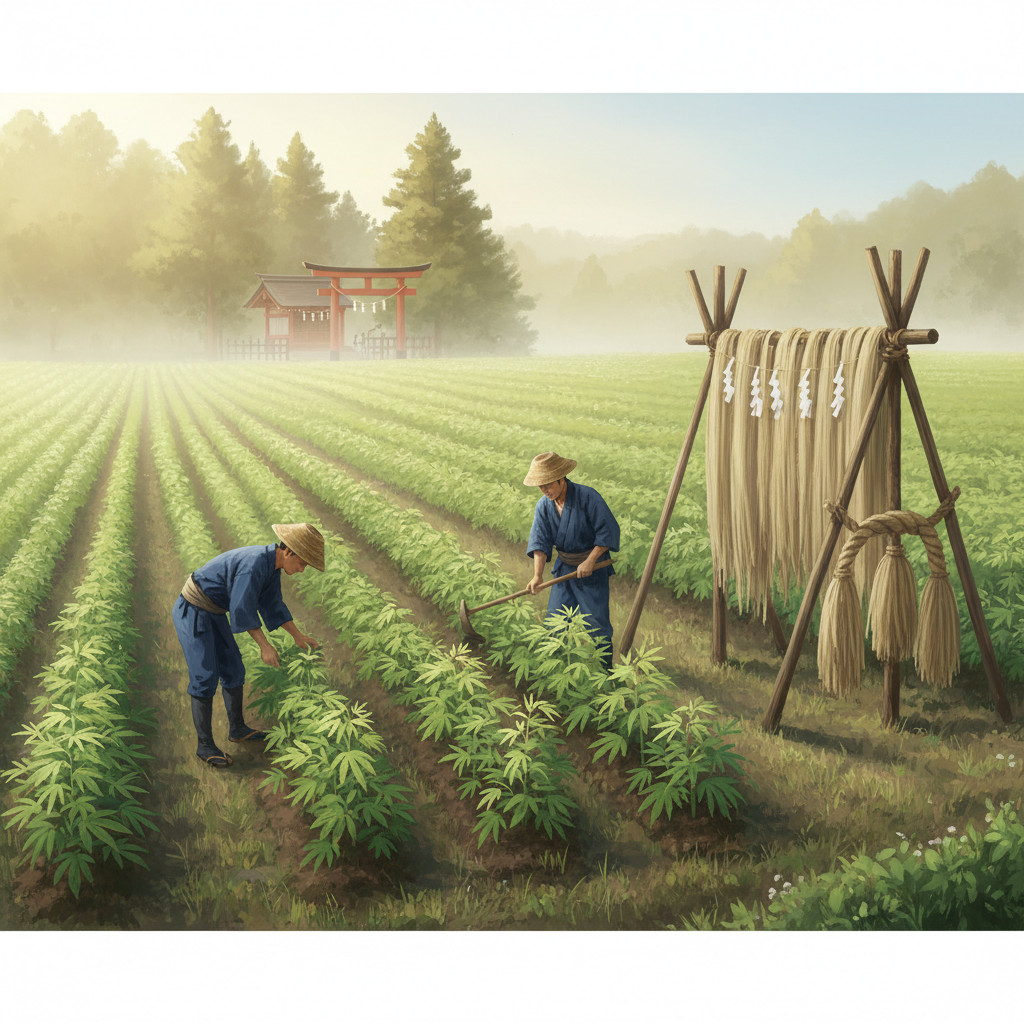 Traditional Japanese hemp cultivation illustration