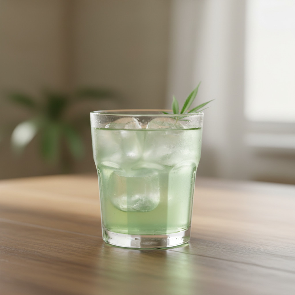 A clear glass of light green hemp THC drink with ice and a small hemp leaf garnish, condensation on the glass, on a wooden table with soft natural lighting.