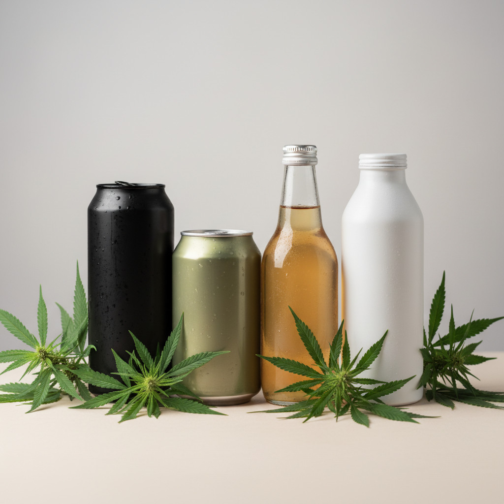 A selection of hemp derived THC drinks in cans and bottles surrounded by hemp leaves