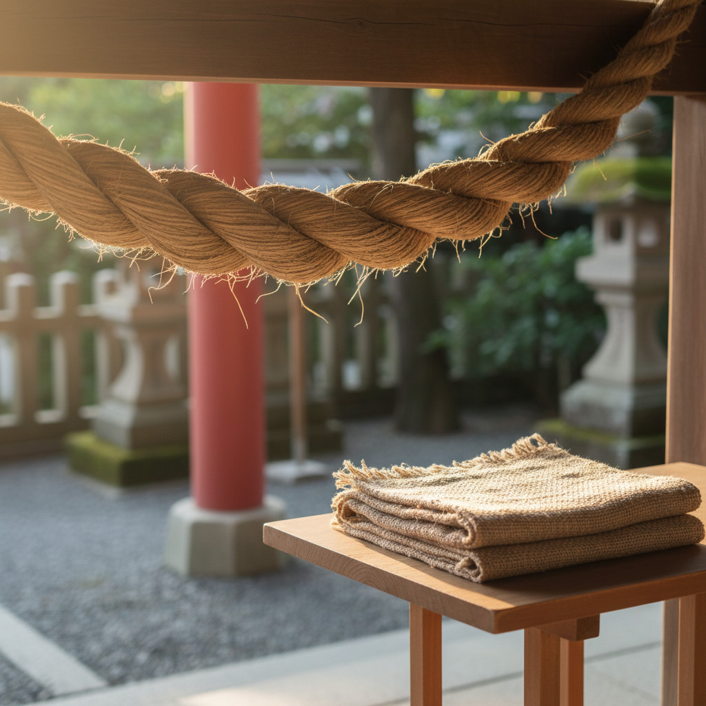 Traditional hemp shimenawa and asa fabric in a Japanese shrine setting