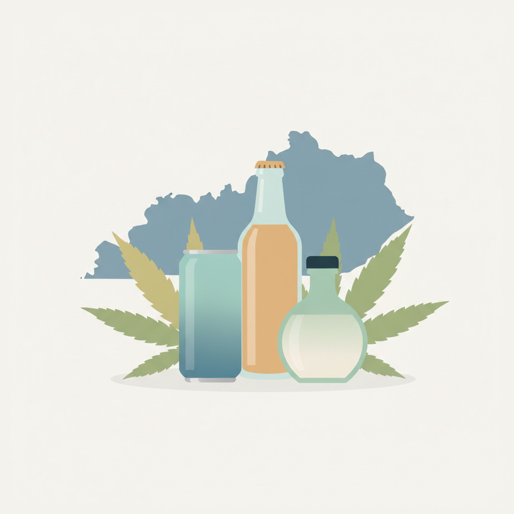 A clean illustration of three hemp beverage containers with hemp leaves and a faint Kentucky state outline