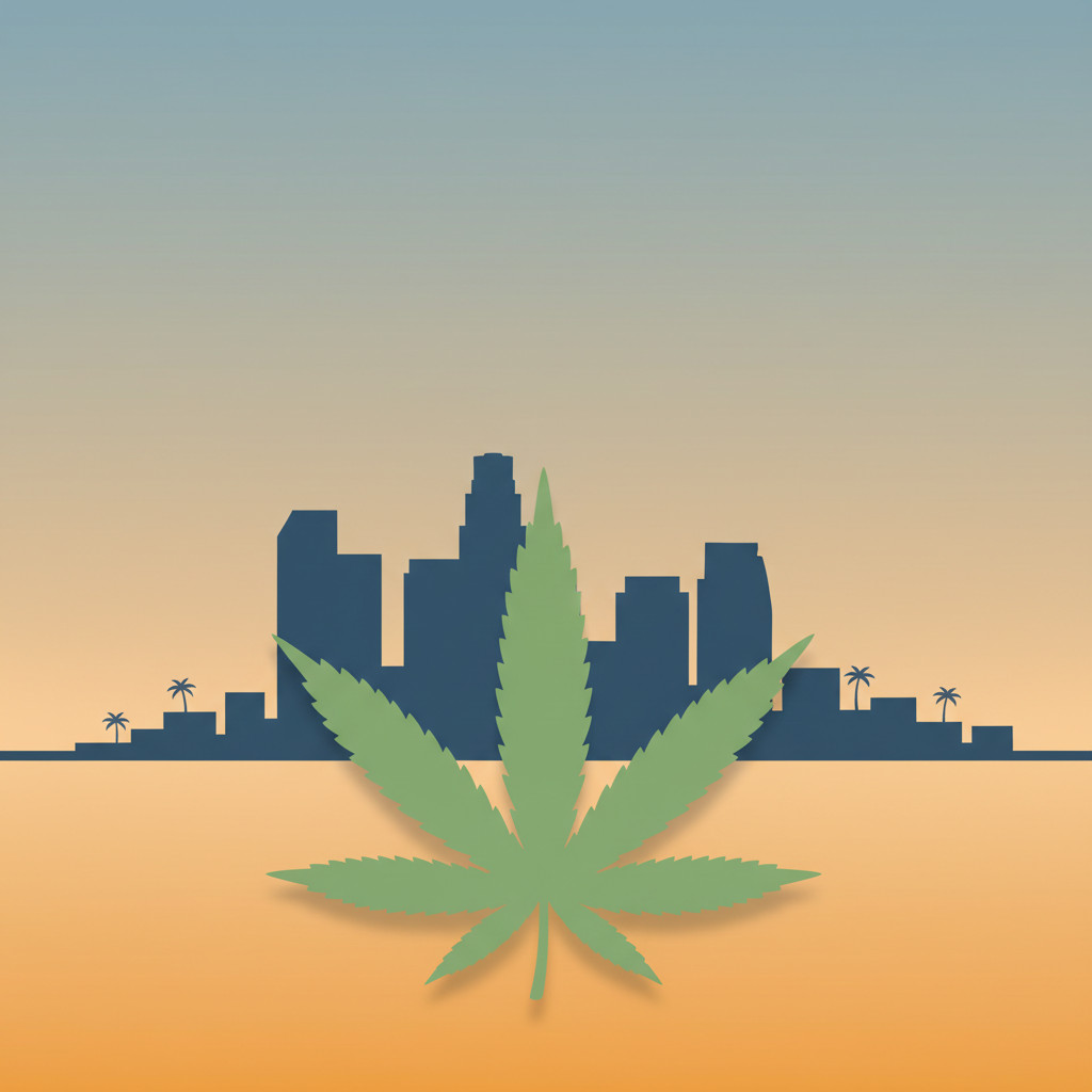 Stylized green cannabis leaf silhouette in front of a minimalist Los Angeles skyline with palm trees and a warm golden sunset gradient, vector style, no text, no faces.