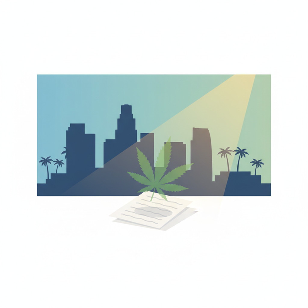 A calm, symbolic illustration showing a Los Angeles cityscape silhouette with palm trees, a stylized cannabis leaf above a neat stack of tax documents, and an open hand with soft golden light suggesting relief and clarity.