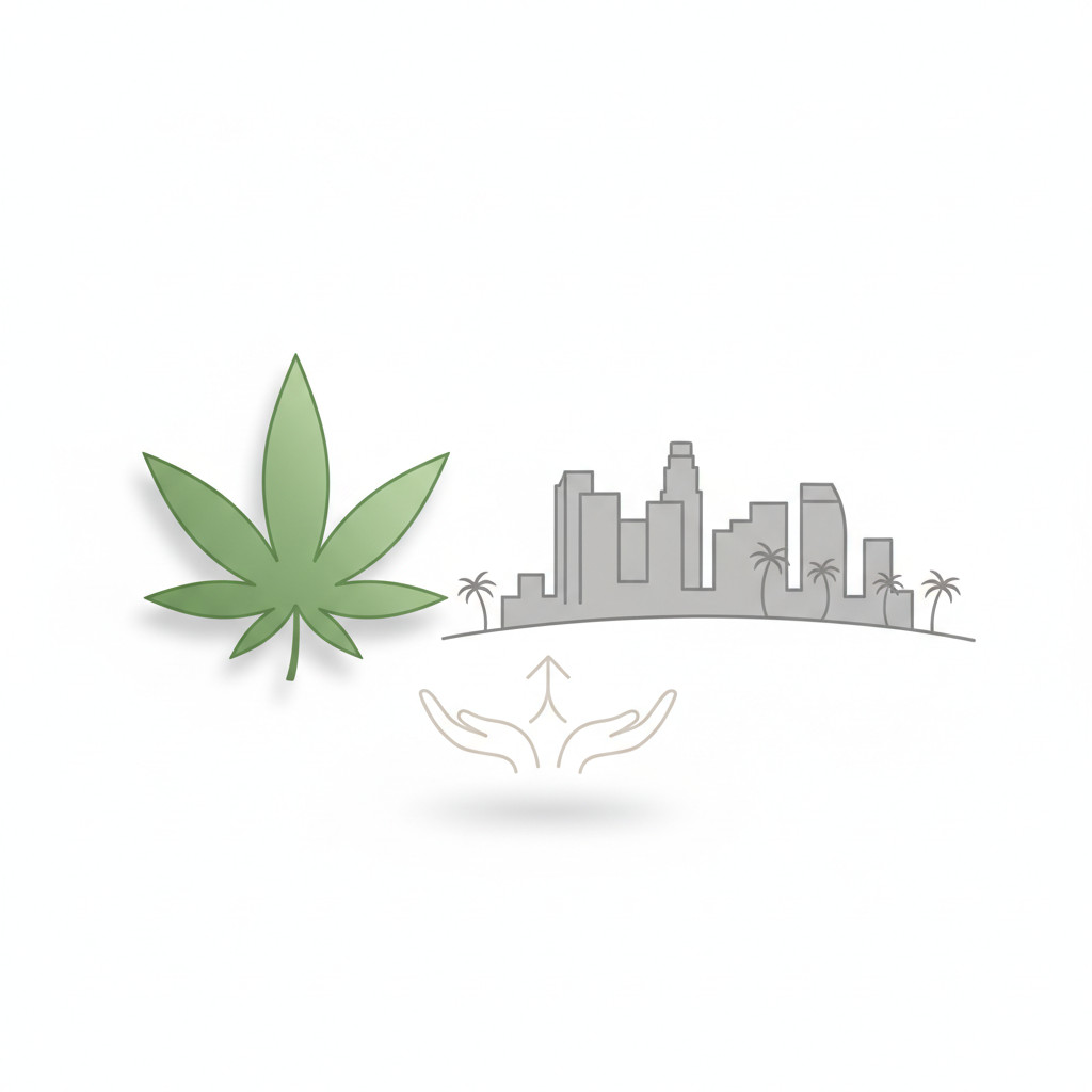 Minimal illustration of a green cannabis leaf beside a simplified Los Angeles skyline with an upward curved arrow beneath, symbolizing tax relief and industry support.
