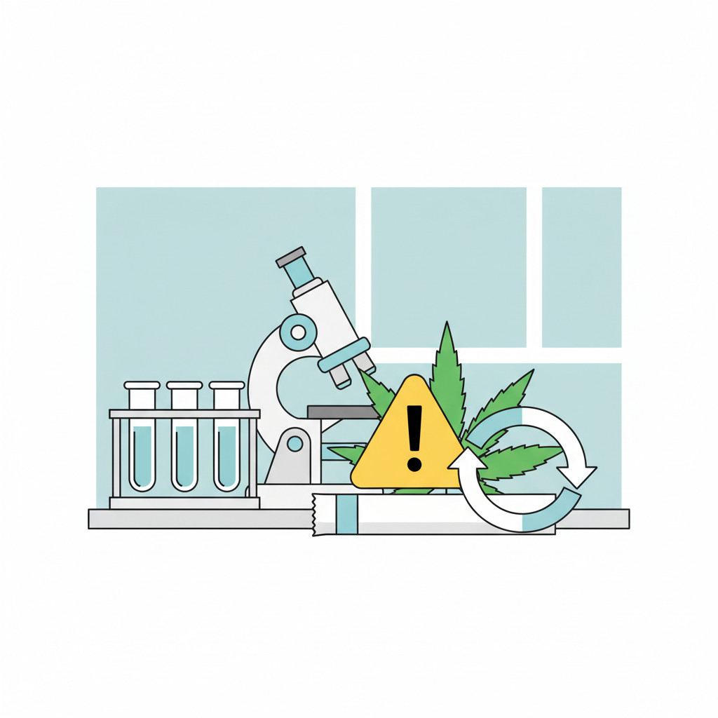 Illustration of a lab bench with a microscope, test tubes, a cannabis leaf in the foreground, and warning and recall symbols nearby to represent lab testing failure leading to product recall.