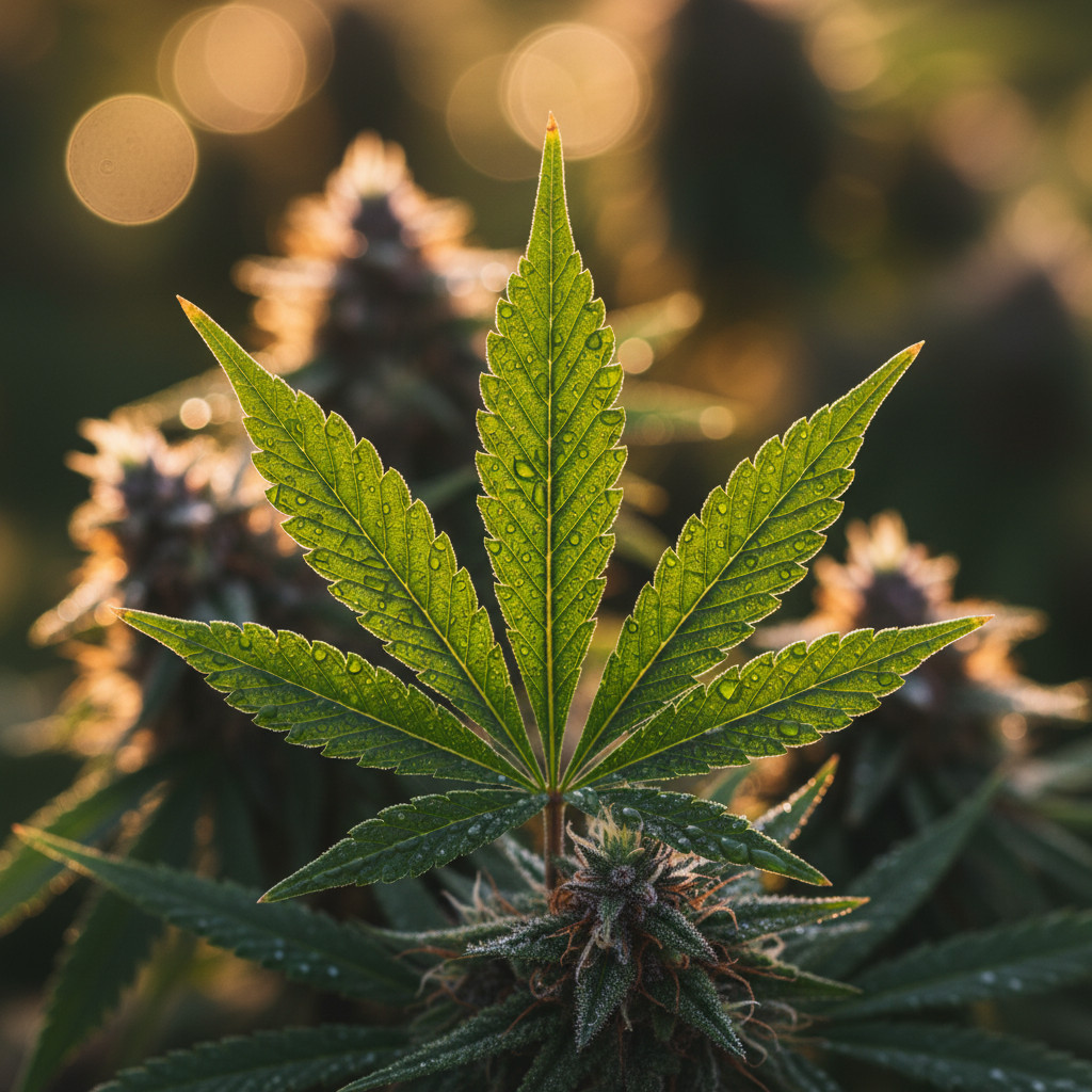 Vivid cannabis leaf with dew and warm sunlight