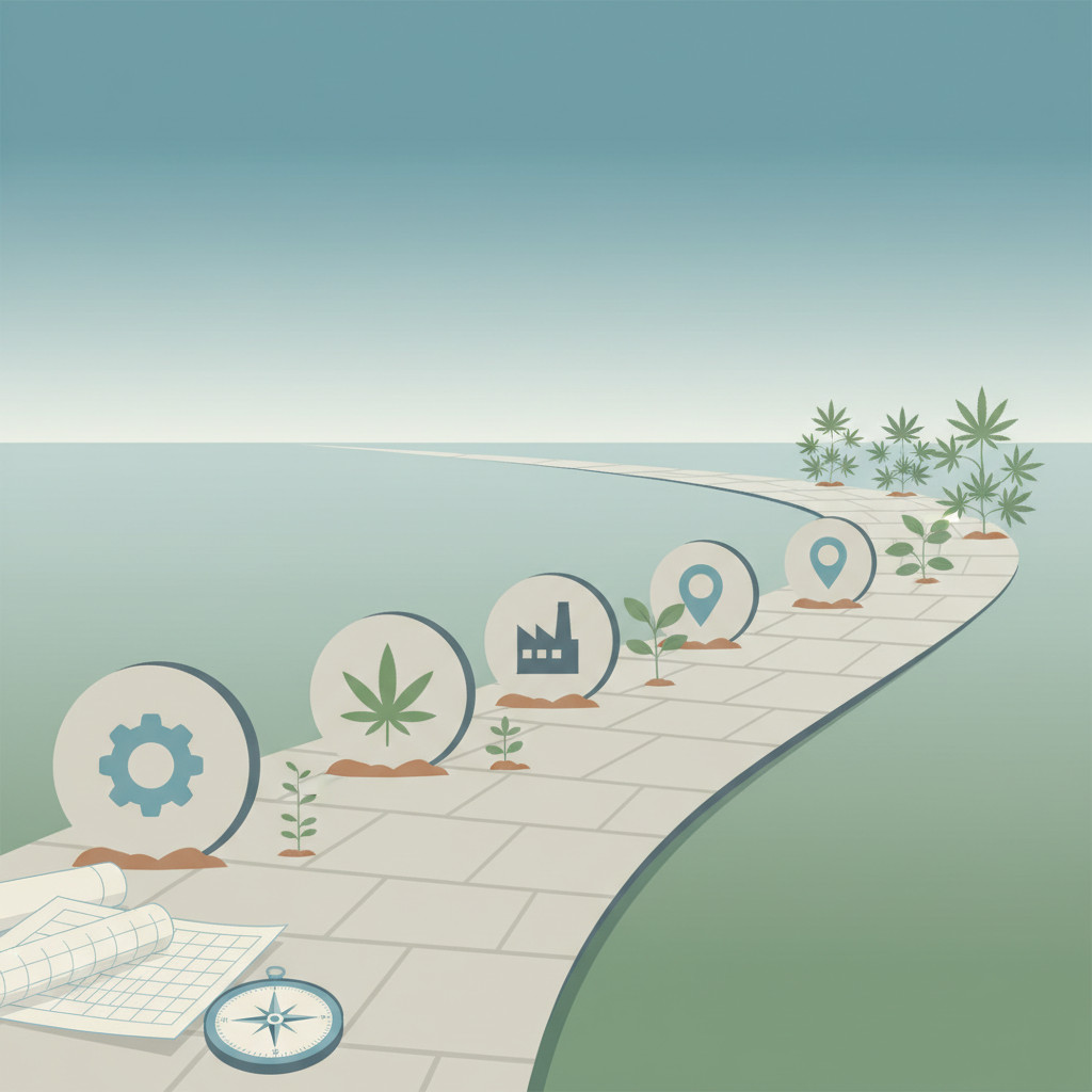 Illustration of a winding path with milestone markers, blueprint and growing saplings representing gradual, planned business expansion.