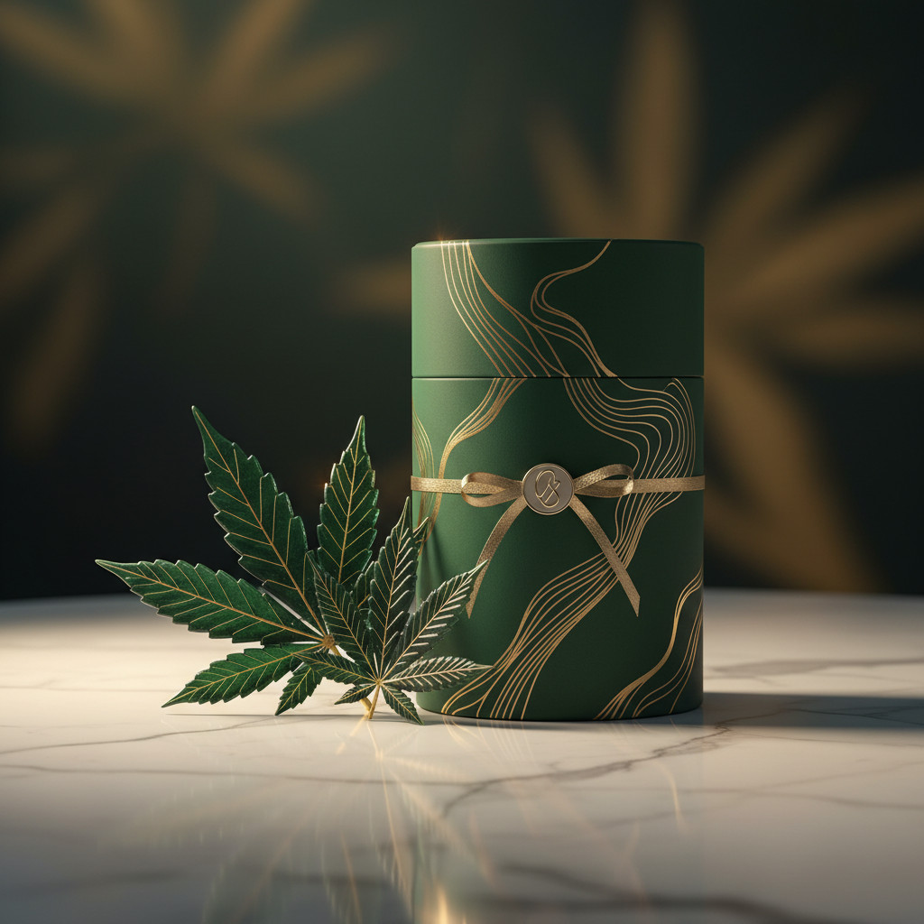 Luxury cannabis product packaging on marble surface with stylized leaves