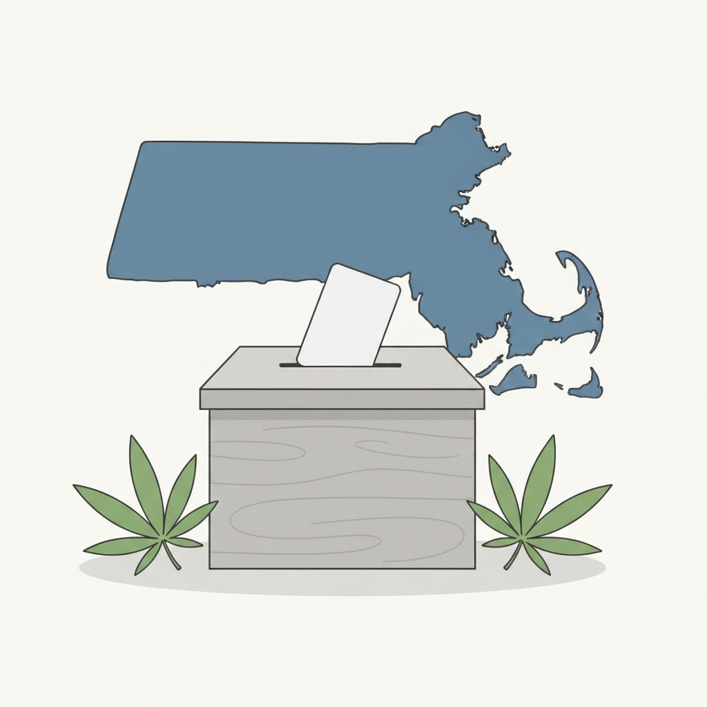 Massachusetts poll ballot box with cannabis leaves