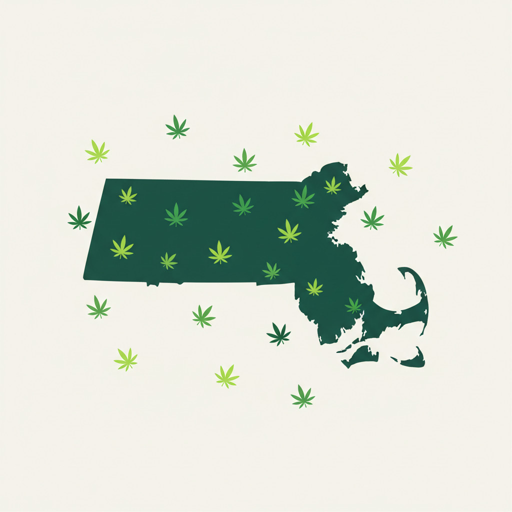 Massachusetts outline with cannabis leaf icons