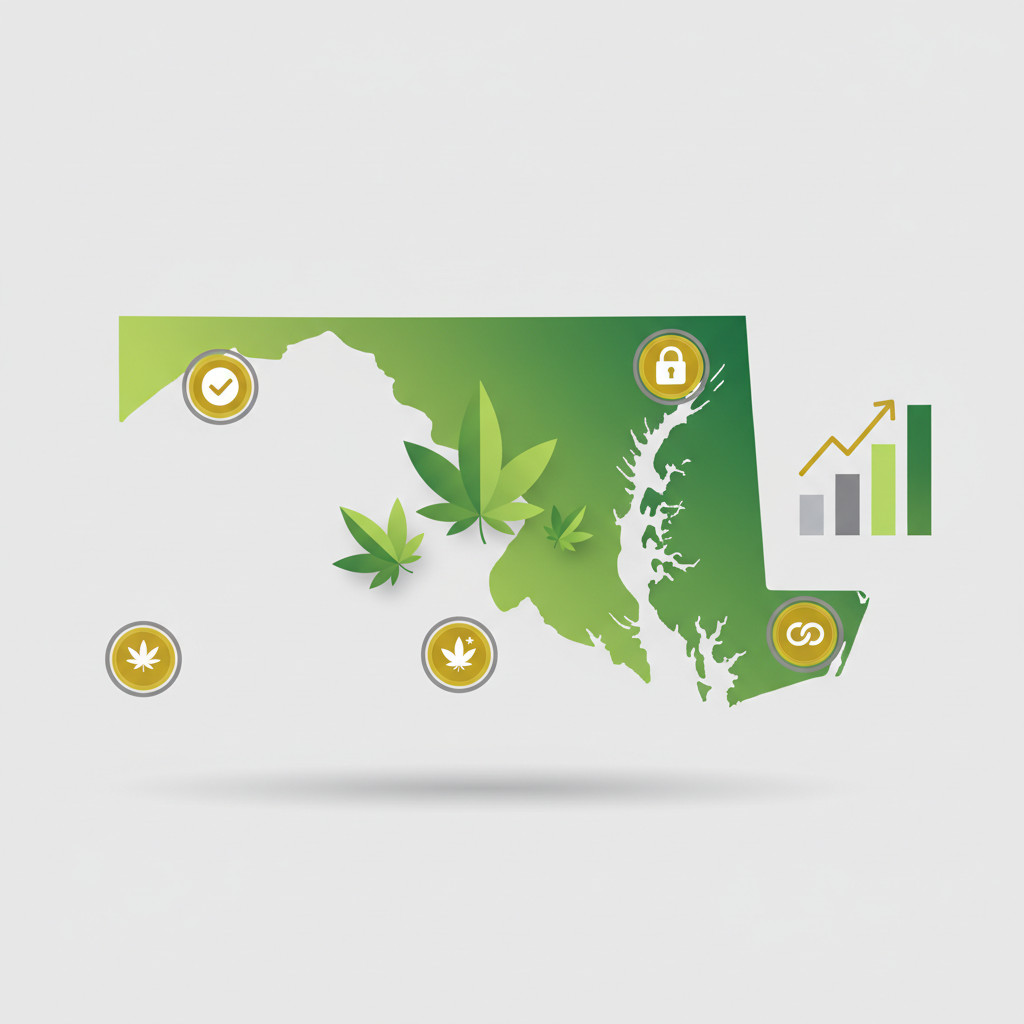 Illustration of Maryland outline filled with a green gradient, stylized cannabis leaves clustered on the map, circular license symbols with simple icons, and minimal market growth indicators like ascending bars and an upward arrow. Clean flat vectors, no text.