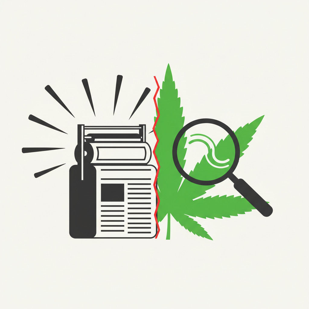 Symbolic illustration showing a split composition: a grayscale oversized newspaper press on the left and a vivid green cannabis leaf under a magnifying glass on the right. A thin red seam marks the friction between the two sides.