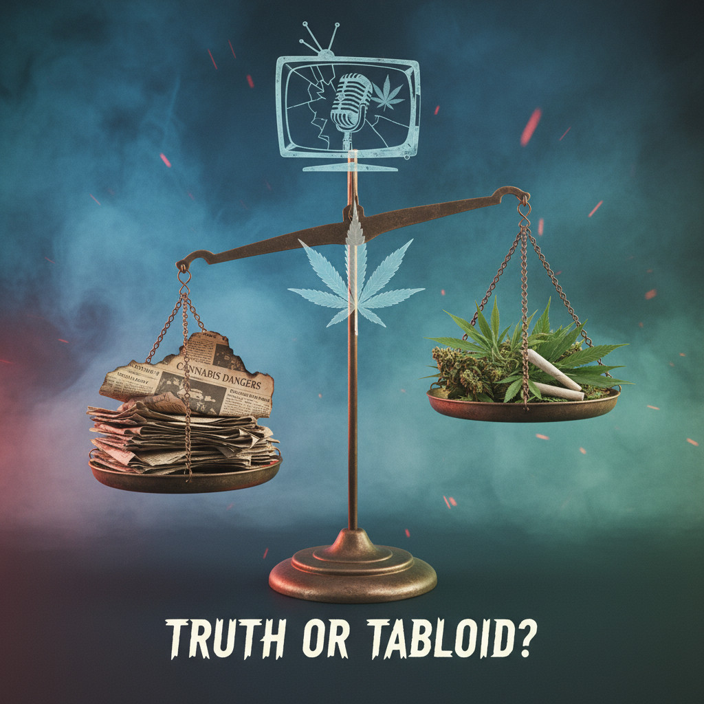 A balanced scale with a folded newspaper on one side and cannabis leaves on the other, symbolizing the conflict between media narratives and cannabis science.