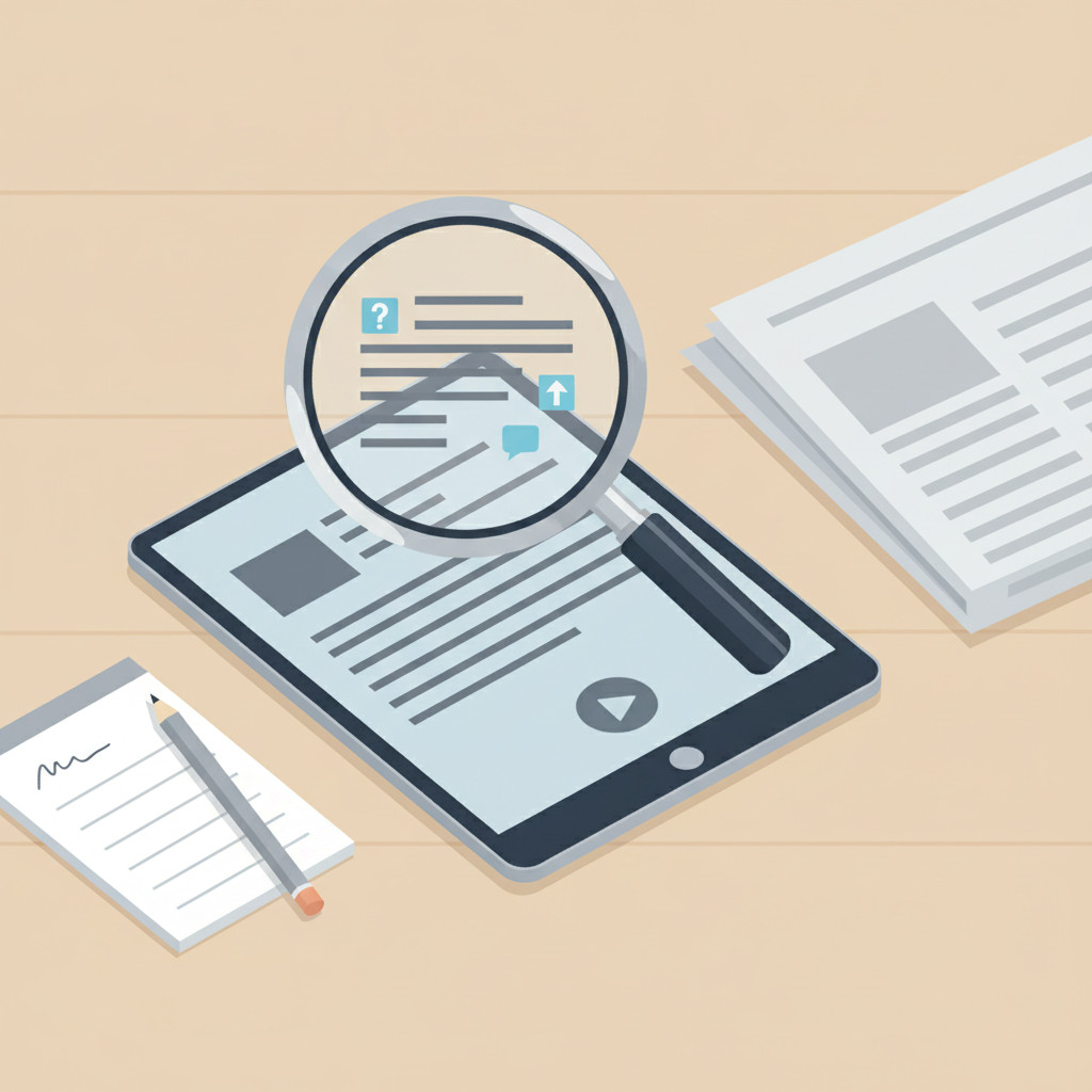 A clean flat illustration of a newspaper and a digital tablet under a magnifying glass, symbolizing careful media scrutiny and critique.
