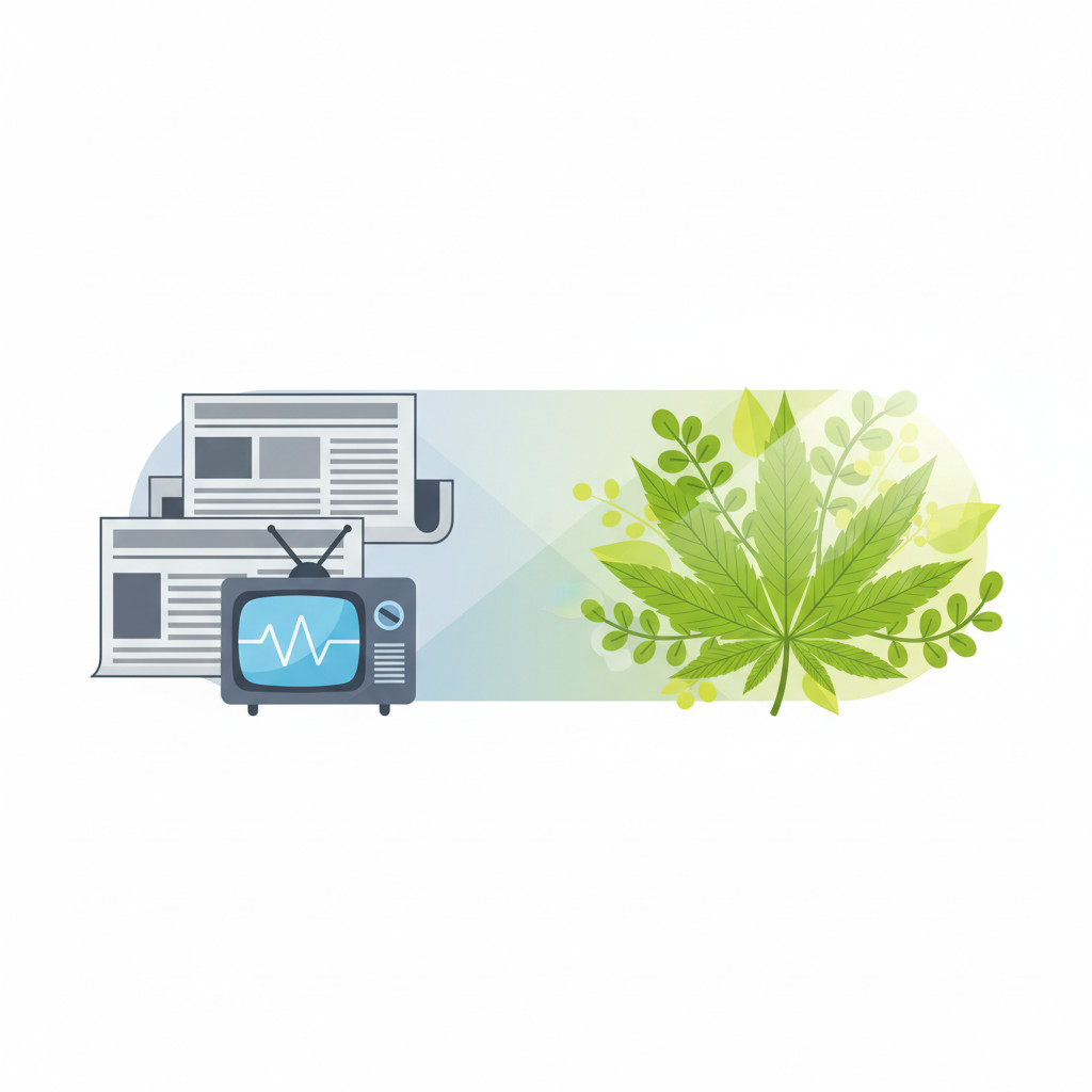 A modern flat-illustration split composition. Left side shows muted gray newspapers and a retro TV news icon. Right side shows a vibrant green cannabis leaf and fresh foliage. A diagonal light gradient separates the two halves, symbolizing tension between traditional media perspectives and emerging cannabis culture.