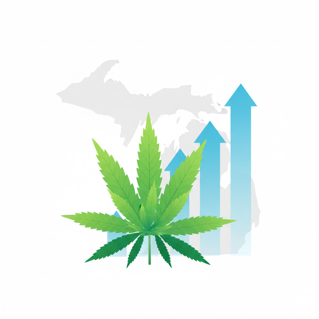 Illustration of a thriving cannabis plant beside upward-trending bars and a faint outline of Michigan, symbolizing industry growth after repeal