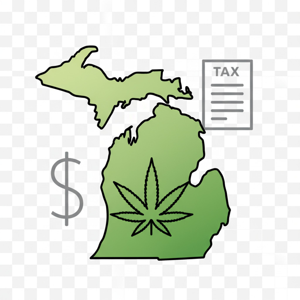 Illustration: Outline of Michigan with a cannabis leaf and subtle finance symbols