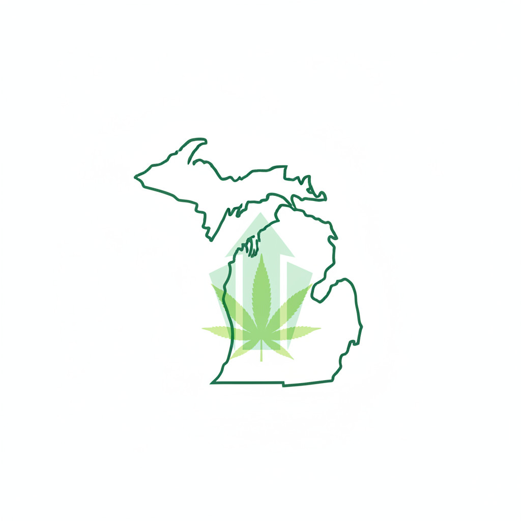 Michigan outline with cannabis leaf and growth arrow