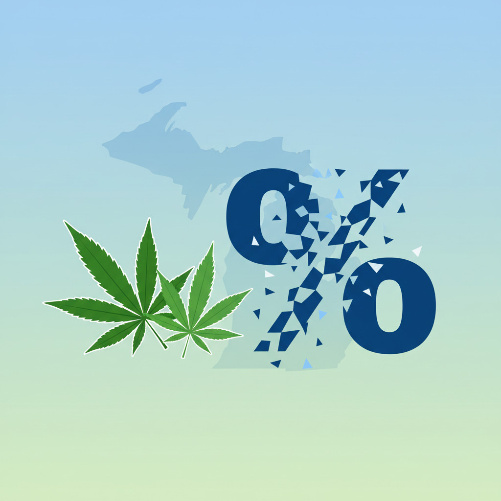 Illustration of cannabis leaves with a breaking percentage symbol over a muted Michigan silhouette, implying a reduction or removal of taxation on cannabis products in Michigan.