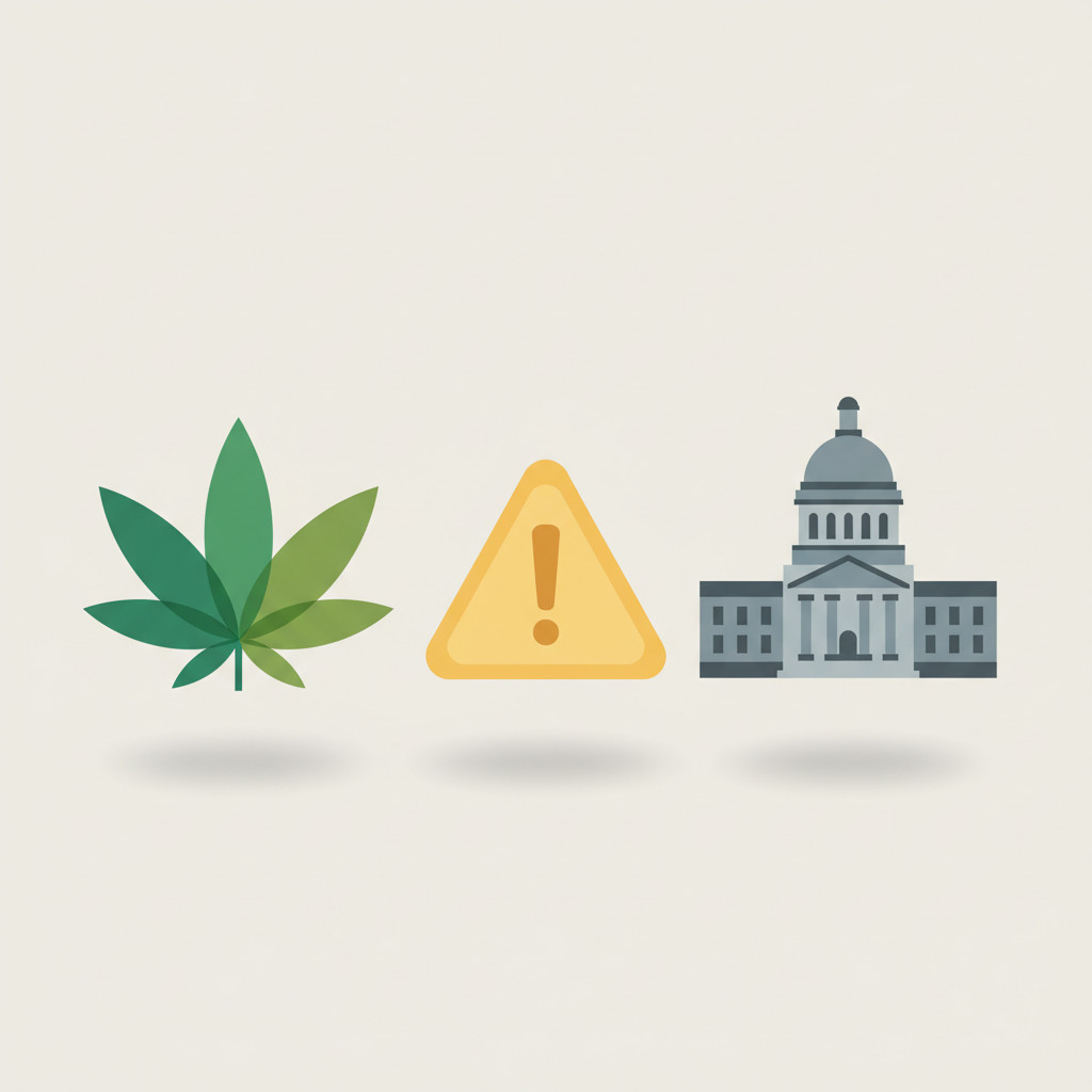 Simple vector illustration showing a green cannabis leaf on the left, a classical government building on the right, and a yellow caution triangle between them to represent licensing warnings and regulatory oversight. The palette uses greens, slate gray, and soft yellow on a light neutral background.