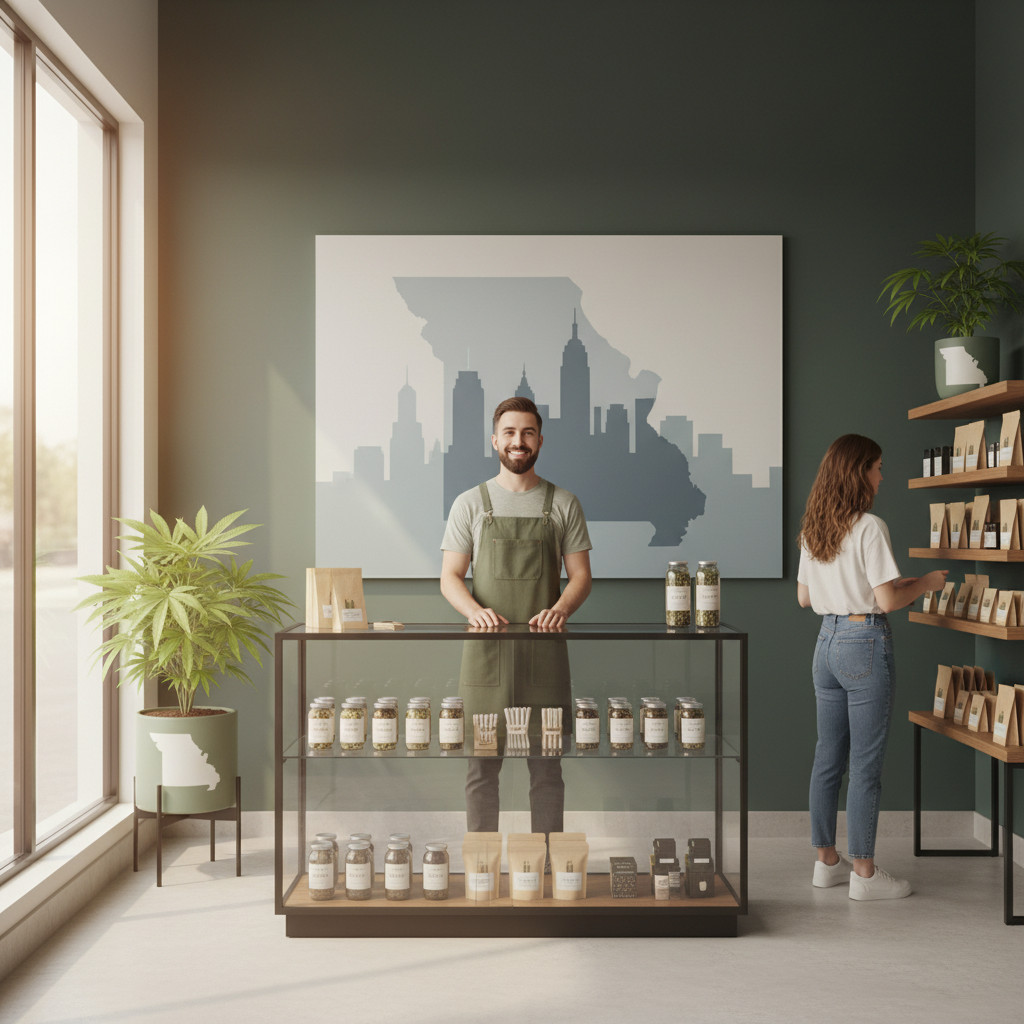 A warm, modern dispensary interior in Missouri showing a friendly budtender behind a glass display case, a customer browsing shelves, and potted cannabis plants by a sunlit window.
