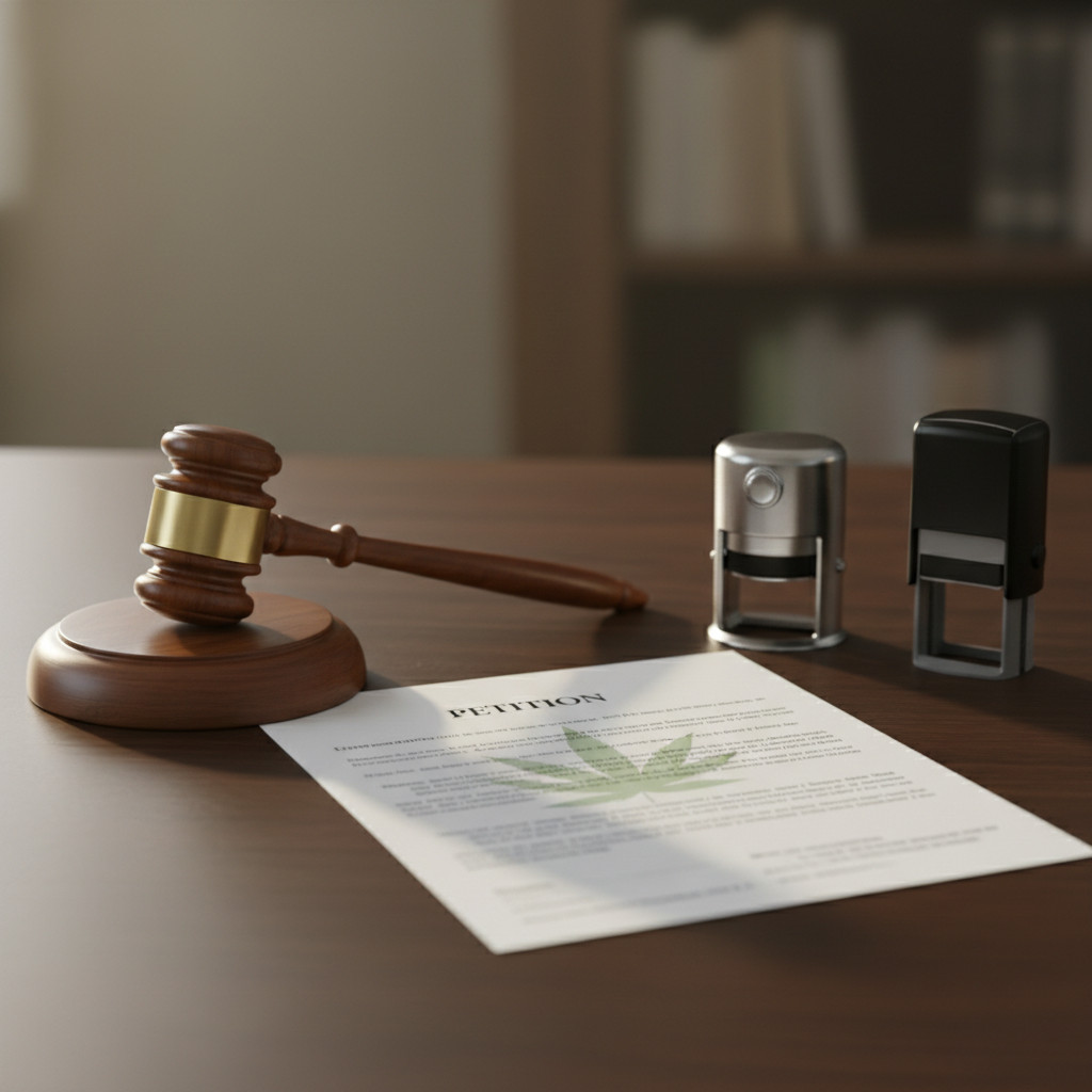 Gavel and notary stamp beside a petition with a faint cannabis leaf watermark
