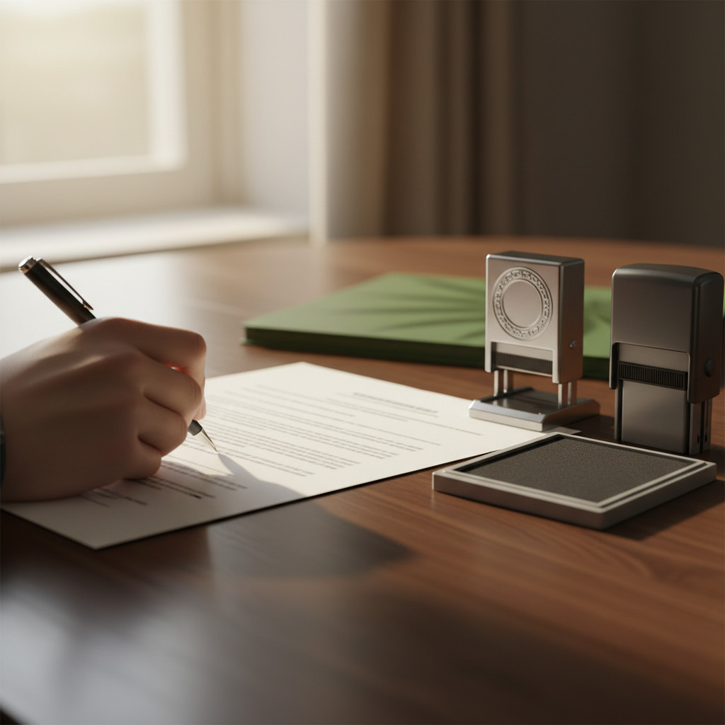 Hand signing official document with notary stamp and embosser