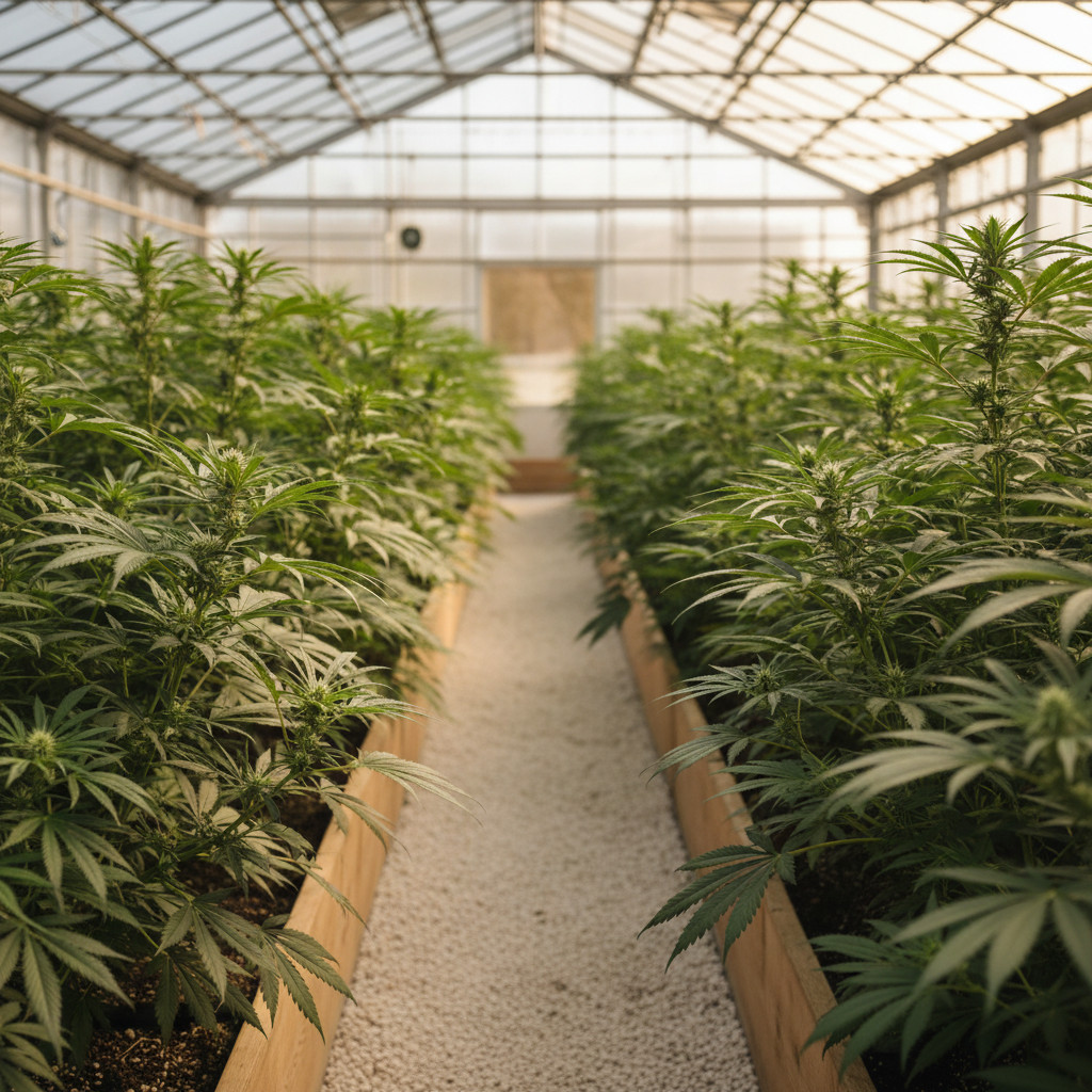 Greenhouse cannabis cultivation scene