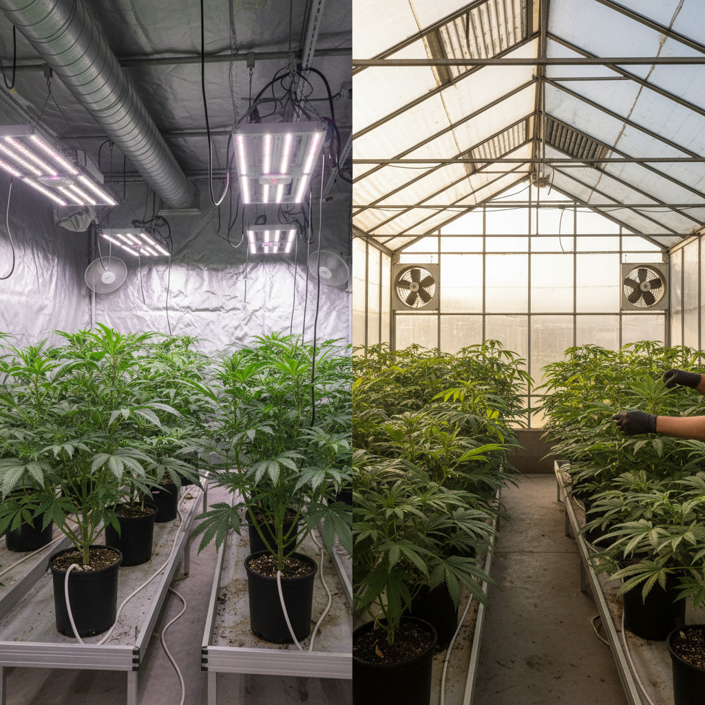 Cannabis cultivation split scene showing indoor grow room and greenhouse