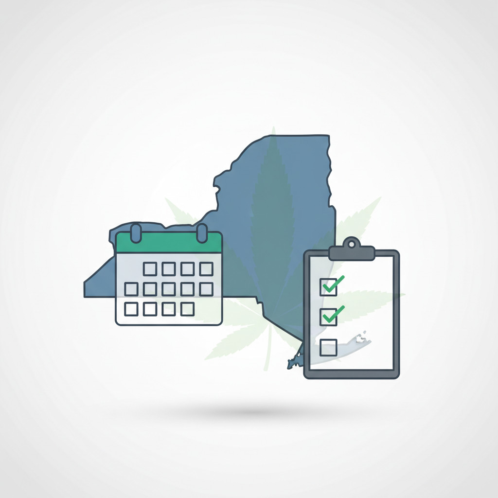 Illustration showing the outline of New York with a calendar icon and a checklist clipboard, plus a faint cannabis leaf watermark. Designed without any text to symbolize regulatory deadlines and compliance steps.