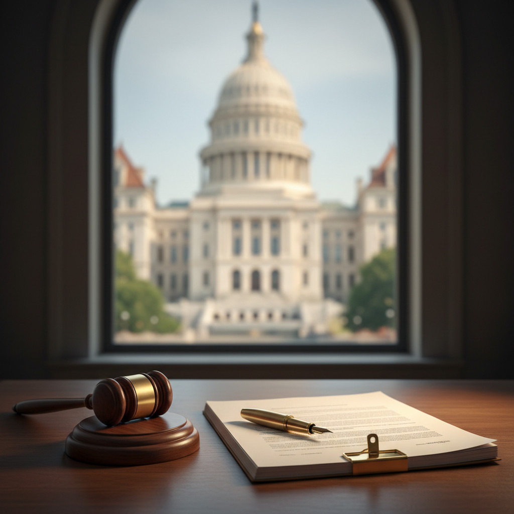 A wooden legislative desk with a highlighted bill document, gavel, and soft-focus New York landmark visible through the window.