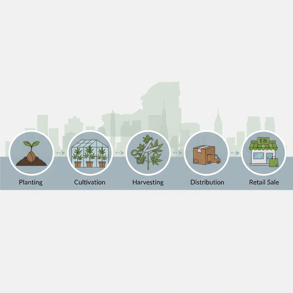 Image depicting five-stage cannabis seed-to-sale process: planting, cultivation, harvesting, distribution, retail sale