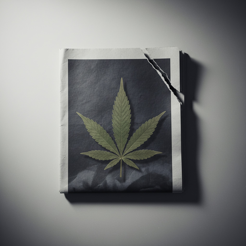 A folded broadsheet-style newspaper page with a large translucent cannabis leaf overlay. The scene uses shadowy charcoal and muted green tones and dramatic side lighting. A slight tear and crease on the paper suggest conflict and controversy.