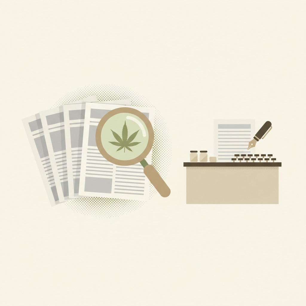 Newspaper magnifying cannabis storefront illustration