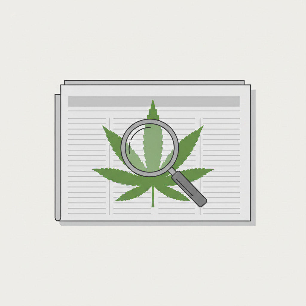 Stylized newspaper with cannabis leaf and magnifying glass