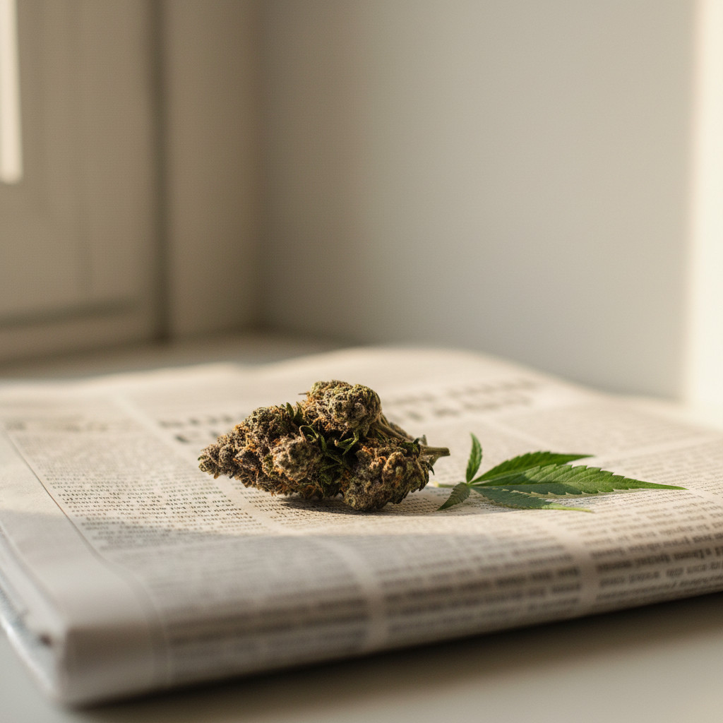 A cannabis bud resting on a blurred broadsheet newspaper