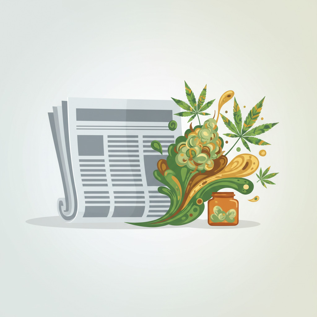 Illustration showing a grayscale folded newspaper on the left clashing with vibrant cannabis leaves and products on the right, symbolizing tension between mainstream media and cannabis culture.