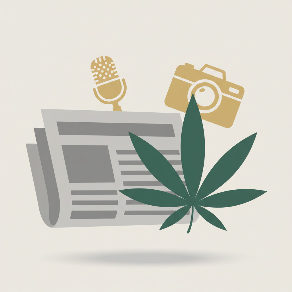 Illustration showing a folded generic newspaper, a stylized cannabis leaf overlapping to the right, and subtle media icons like a vintage microphone and camera in the background. The style is flat vector with muted gray, deep green, and soft gold accents. The image visually represents media influence on cannabis culture without text.
