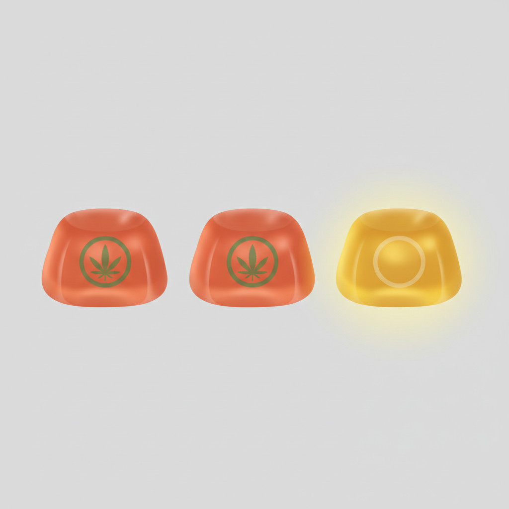 Simple illustration showing three soft gummies on a neutral background. Two gummies display a visible universal THC symbol in green. The third gummy lacks the symbol and is highlighted with a bright yellow outline to draw attention to the missing label area.