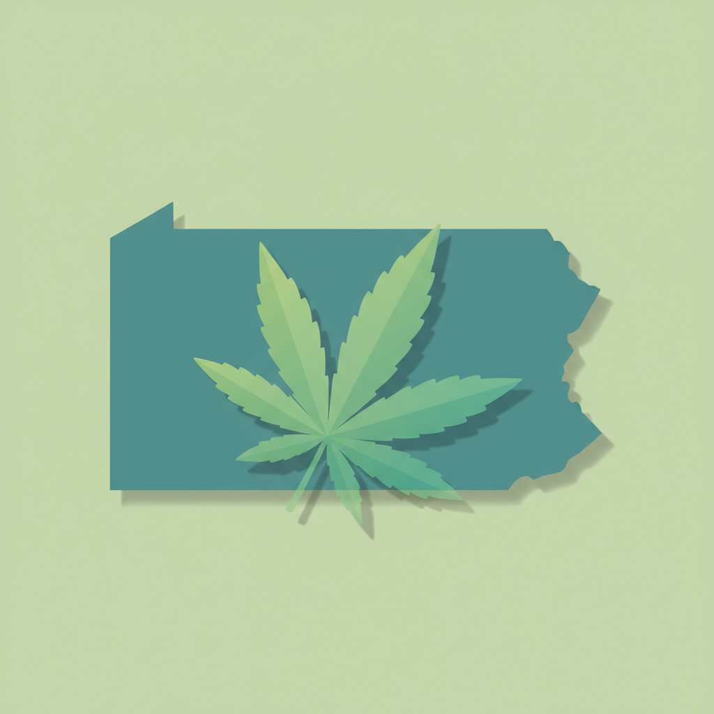 Pennsylvania outline with cannabis leaf overlay
