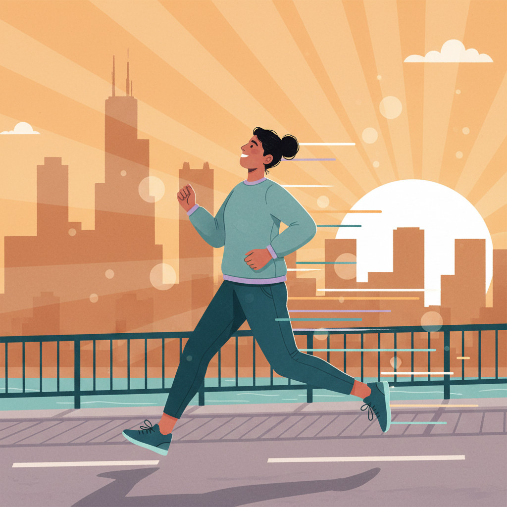 Runner experiencing euphoria against Chicago skyline