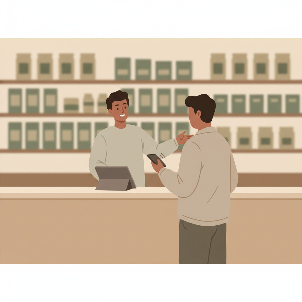Illustration of a discreet shopper taking subtle notes in a modern cannabis dispensary, with a budtender and a tablet on the counter in the background.