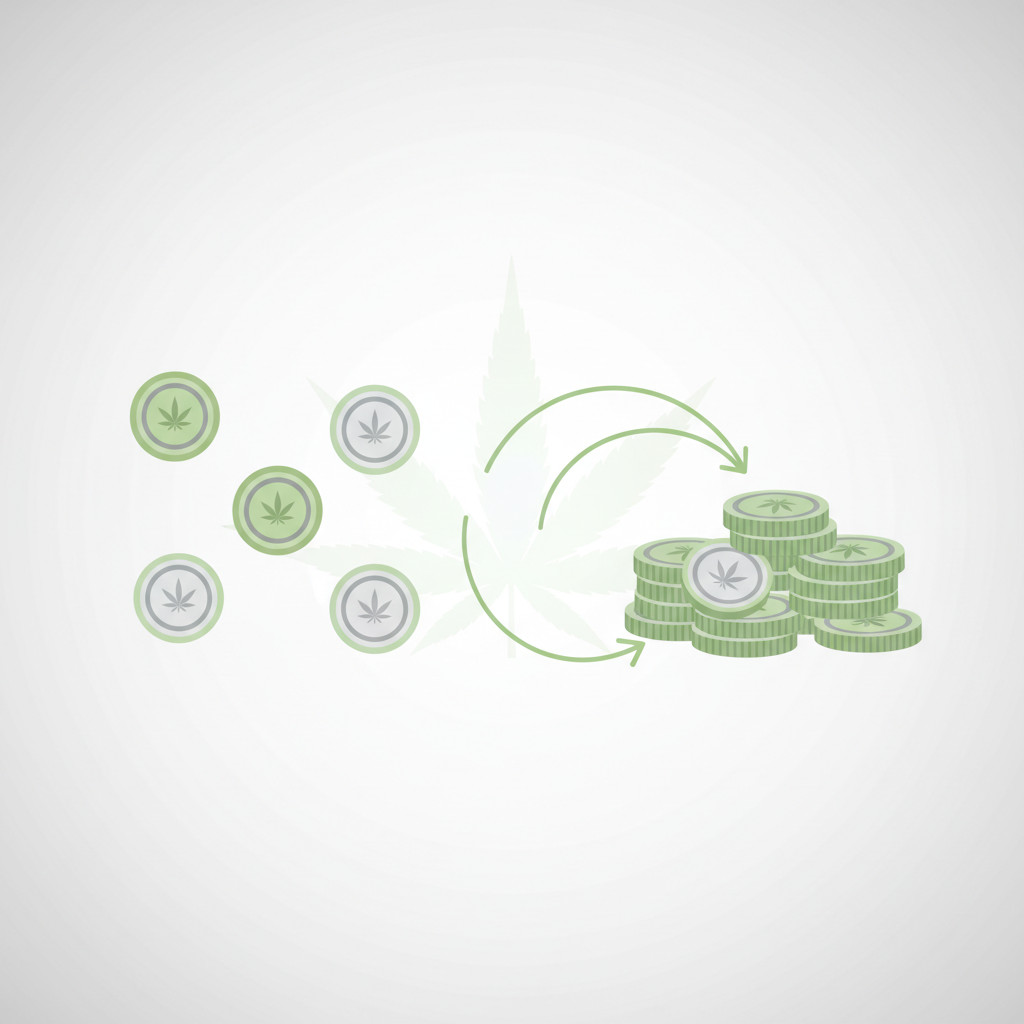 A minimal flat graphic showing coin like share tokens on the left and a smaller concentrated pile on the right with curved arrows looping back to the pile, plus a subtle cannabis leaf silhouette in the background.