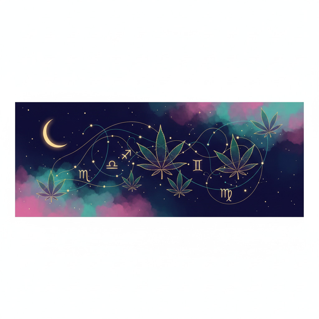 Stylized cosmic illustration of zodiac constellations intertwined with translucent cannabis leaves against a midnight indigo sky