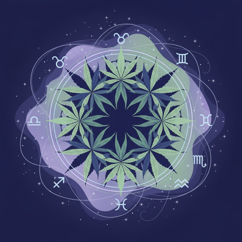 Illustration of a circular composition blending stylized cannabis leaf patterns with subtle zodiac constellations and glyphs in a calm cosmic palette