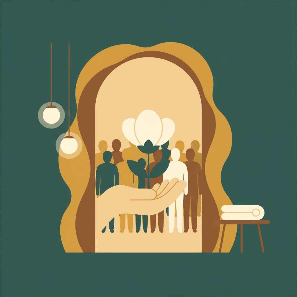 Symbolic illustration of an open door with a blooming stylized flower, a caring hand beneath it, and diverse silhouettes in the background to represent Tamara Anderson impact in cannabis wellness