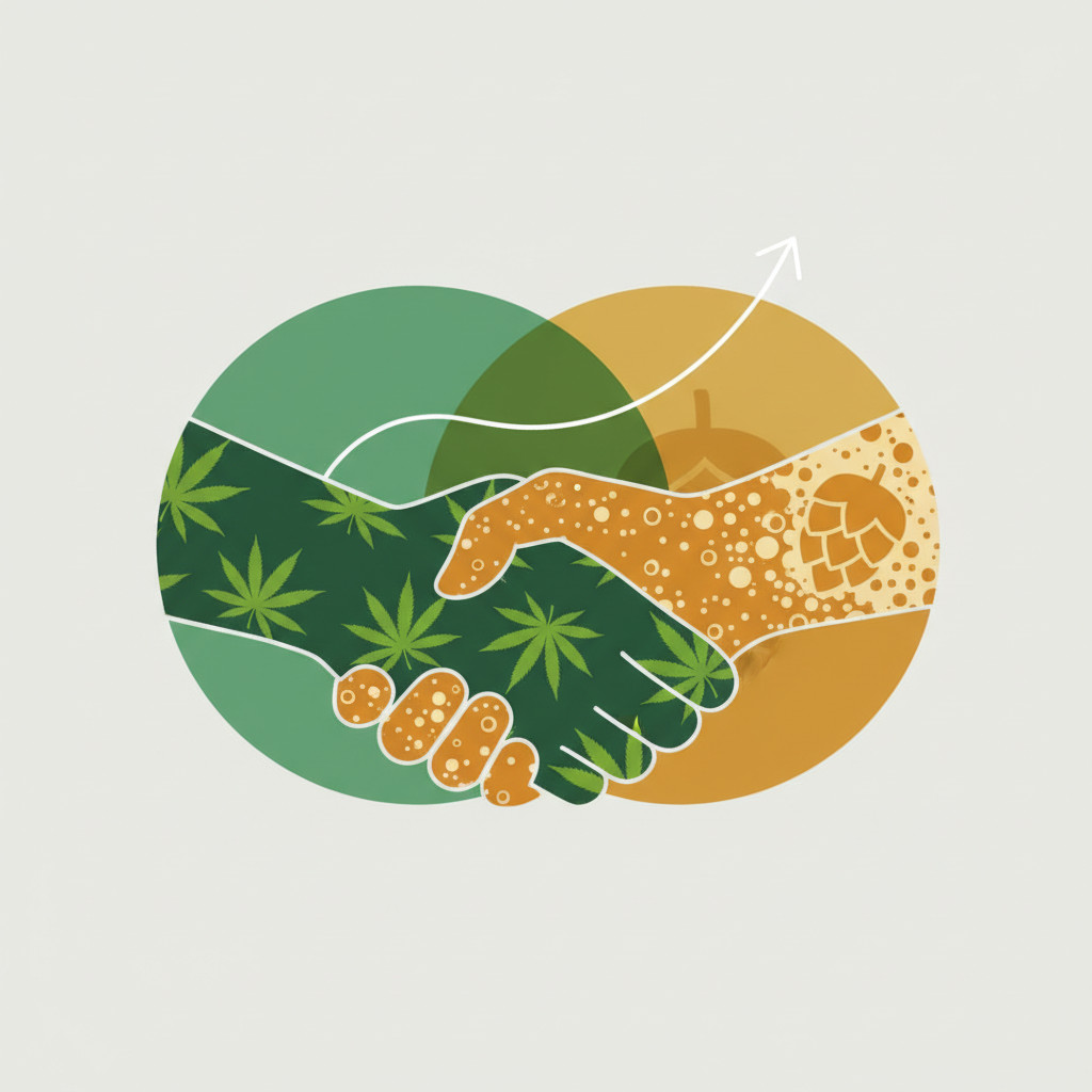 Handshake forming a fusion of cannabis leaf and hop cone over overlapping green and amber circles with a subtle upward growth line